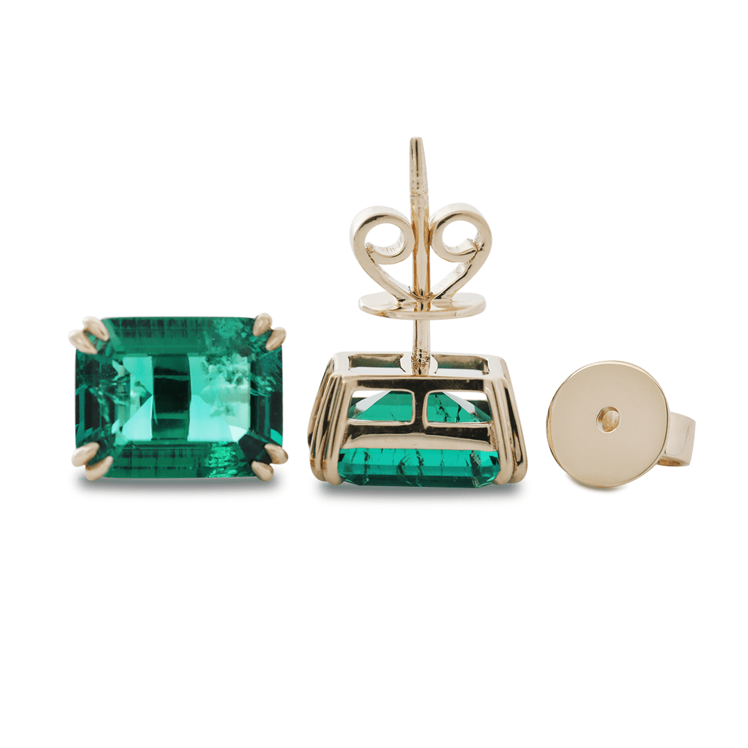 14K Yellow Gold 3.5 ct tw Zambian Lab Emerald Double Claw Prong Basket Stud Earrings - FIORESE JEWELRY