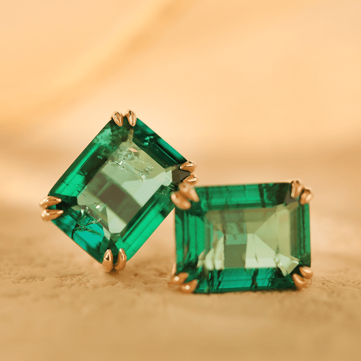 14K Yellow Gold 3.5 ct tw Zambian Lab Emerald Double Claw Prong Basket Stud Earrings - FIORESE JEWELRY