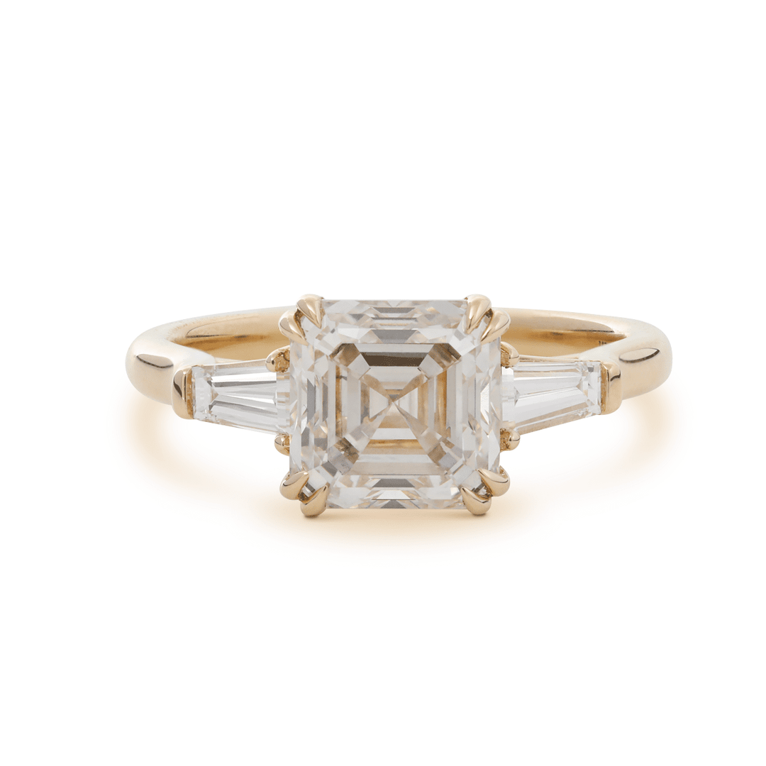 14K Yellow Gold 3.5ct Asscher Cut Lab Diamond Double Claw Prongs Three - stone Ring with Two Tapered Baguette Cut - FIORESE JEWELRY