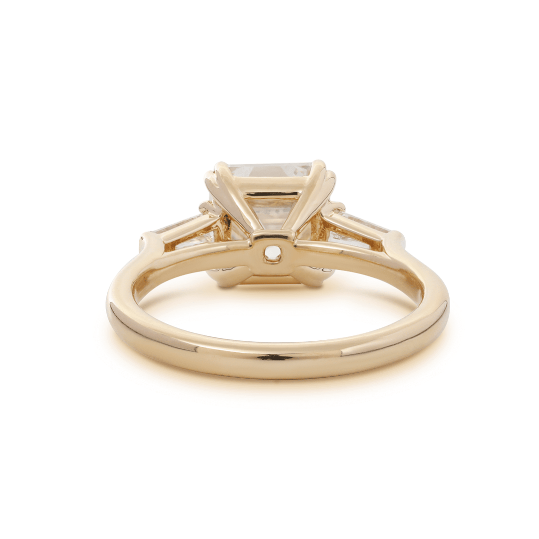 14K Yellow Gold 3.5ct Asscher Cut Lab Diamond Double Claw Prongs Three - stone Ring with Two Tapered Baguette Cut - FIORESE JEWELRY