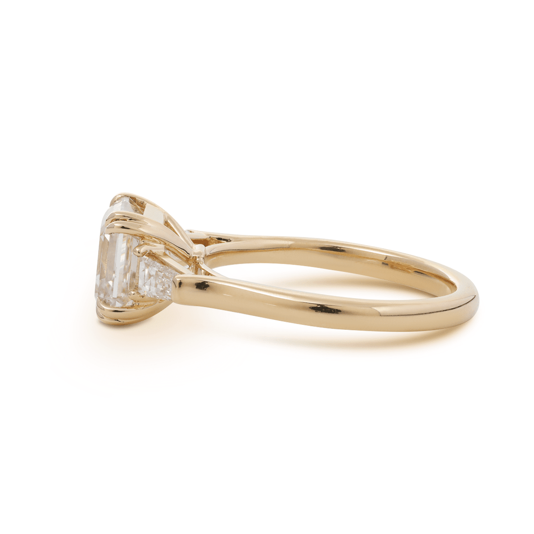 14K Yellow Gold 3.5ct Asscher Cut Lab Diamond Double Claw Prongs Three - stone Ring with Two Tapered Baguette Cut - FIORESE JEWELRY