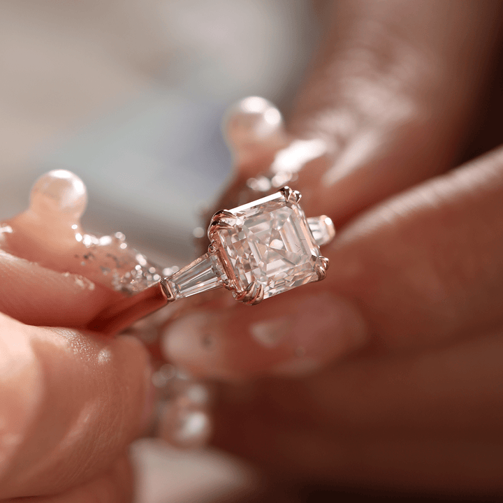 14K Yellow Gold 3.5ct Asscher Cut Lab Diamond Double Claw Prongs Three - stone Ring with Two Tapered Baguette Cut - FIORESE JEWELRY