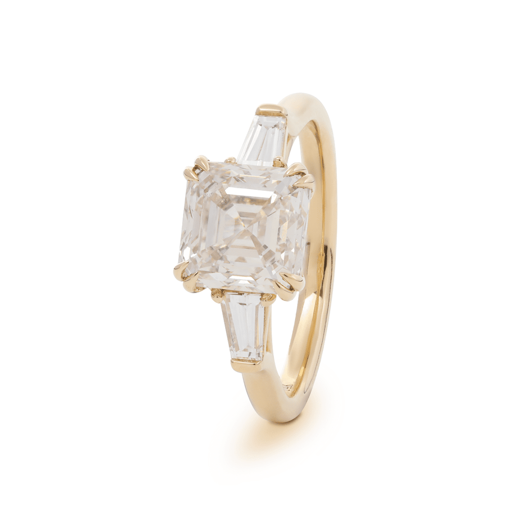 14K Yellow Gold 3.5ct Asscher Cut Lab Diamond Double Claw Prongs Three - stone Ring with Two Tapered Baguette Cut - FIORESE JEWELRY