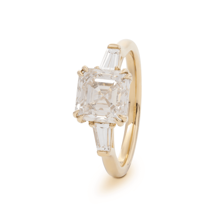 14K Yellow Gold 3.5ct Asscher Cut Lab Diamond Double Claw Prongs Three - stone Ring with Two Tapered Baguette Cut - FIORESE JEWELRY