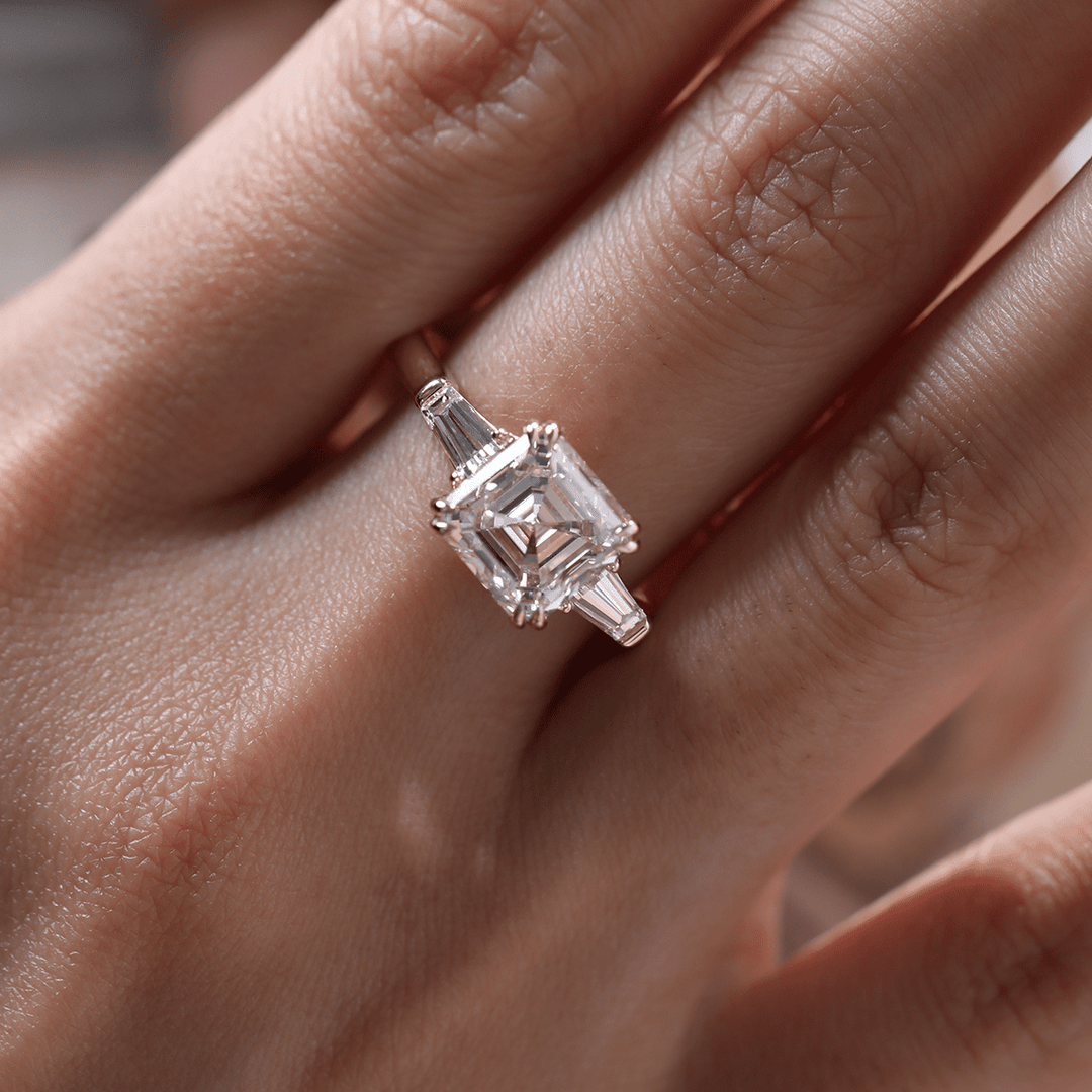 14K Yellow Gold 3.5ct Asscher Cut Lab Diamond Double Claw Prongs Three - stone Ring with Two Tapered Baguette Cut - FIORESE JEWELRY