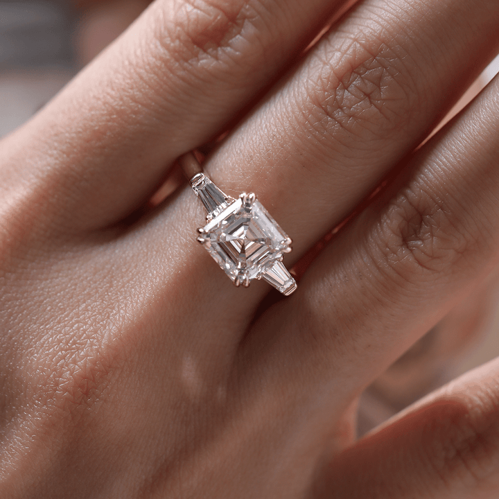 14K Yellow Gold 3.5ct Asscher Cut Lab Diamond Double Claw Prongs Three - stone Ring with Two Tapered Baguette Cut - FIORESE JEWELRY