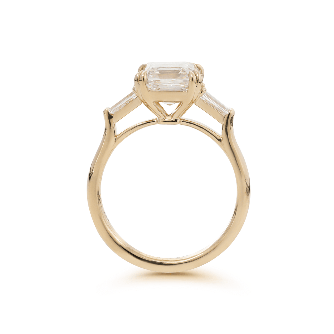 14K Yellow Gold 3.5ct Asscher Cut Lab Diamond Double Claw Prongs Three - stone Ring with Two Tapered Baguette Cut - FIORESE JEWELRY