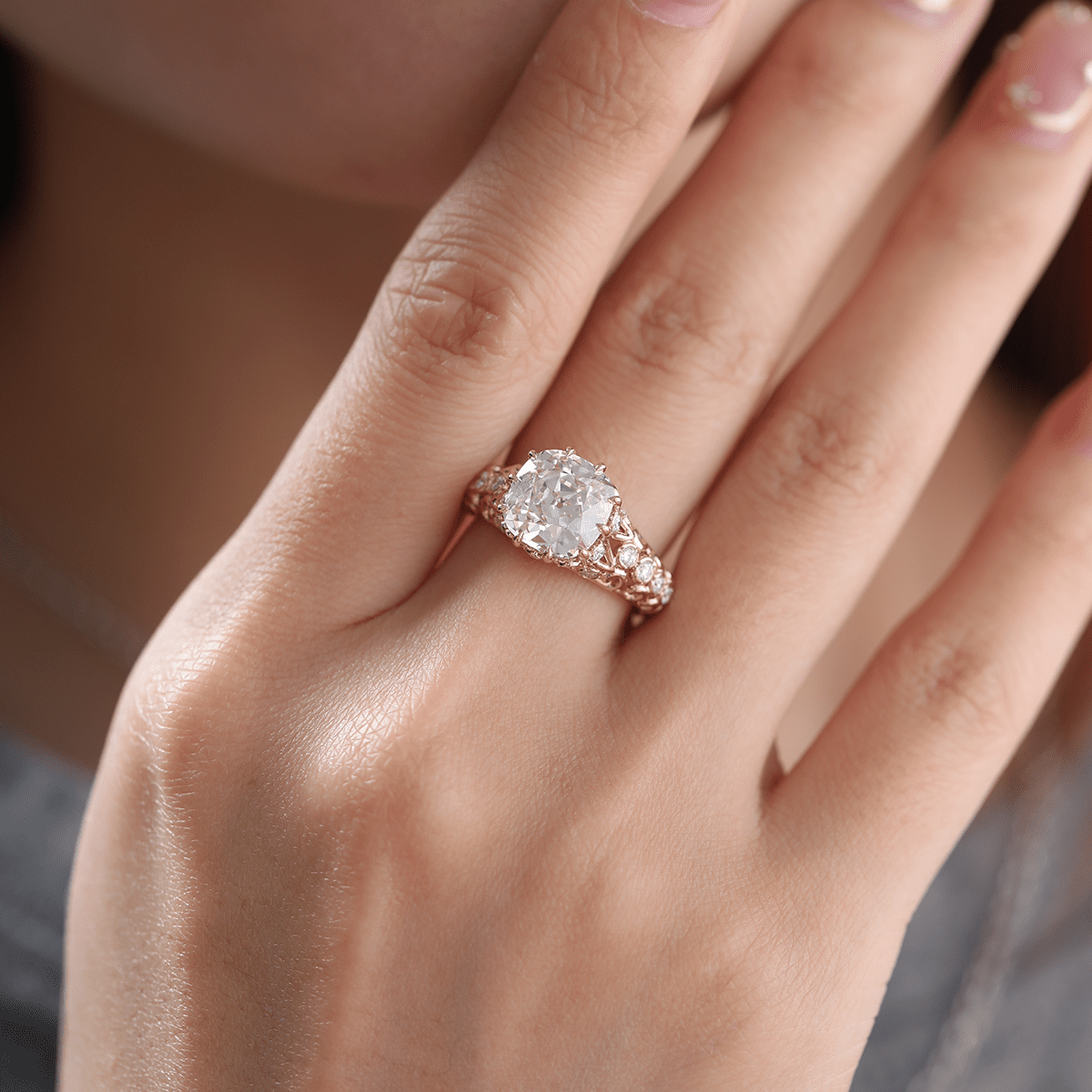 14K Yellow Gold 3.5ct Elongated Lab Diamond Antique - inspired Ring - FIORESE JEWELRY