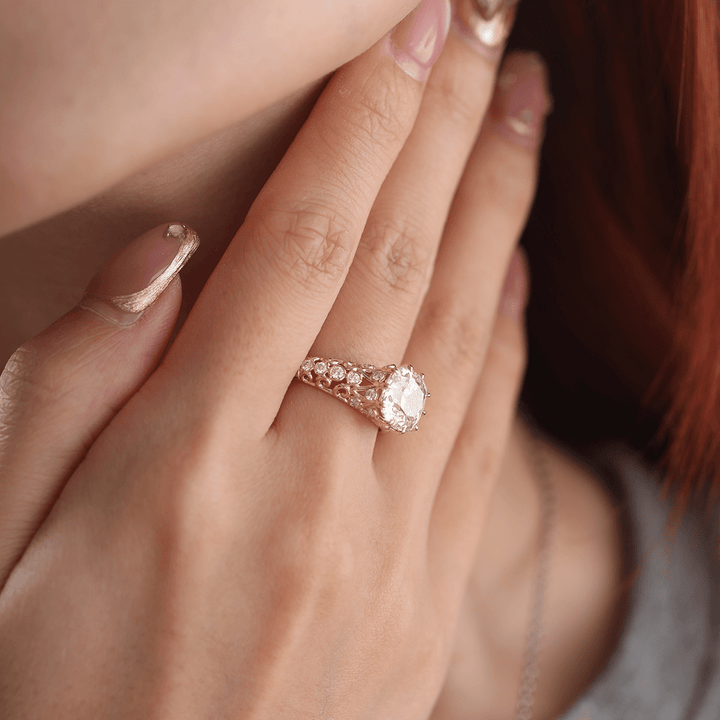 14K Yellow Gold 3.5ct Elongated Lab Diamond Antique - inspired Ring - FIORESE JEWELRY