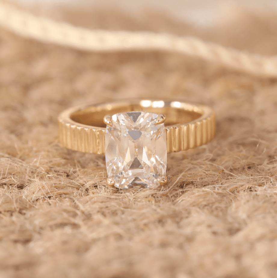 14K Yellow Gold 3.5ct Elongated Old Mine Cut Lab Diamond 4 Claw Basket Ring with Round Lab Diamond Hidden Halo - FIORESE JEWELRY