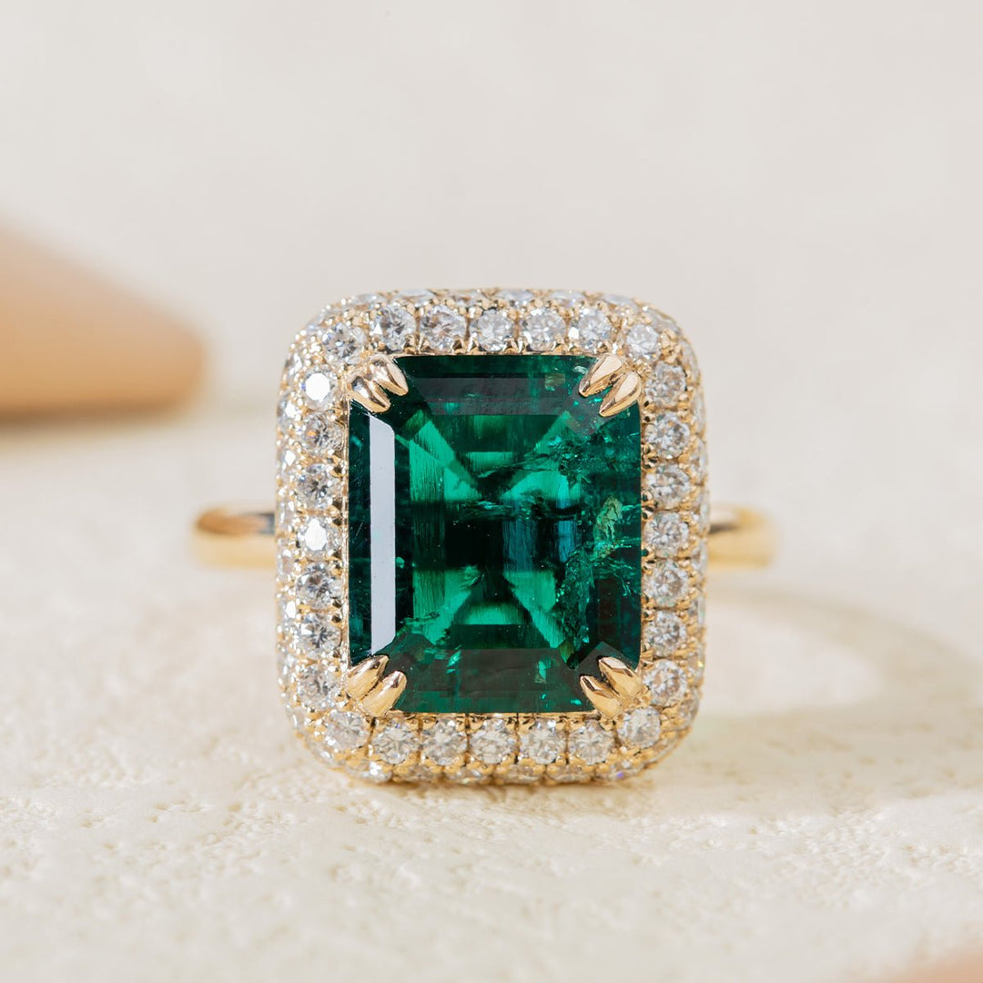 14K Yellow Gold 3.5ct Lab Zambian Emerald Double Claw Prongs Ring with Round Lab Diamond Halo - FIORESE JEWELRY