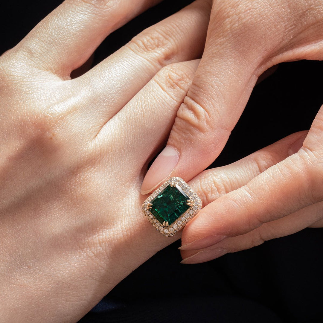 14K Yellow Gold 3.5ct Lab Zambian Emerald Double Claw Prongs Ring with Round Lab Diamond Halo - FIORESE JEWELRY
