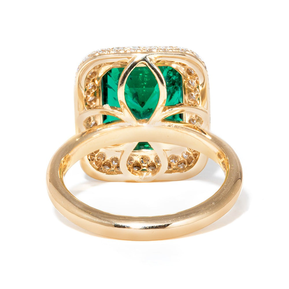 14K Yellow Gold 3.5ct Lab Zambian Emerald Double Claw Prongs Ring with Round Lab Diamond Halo - FIORESE JEWELRY