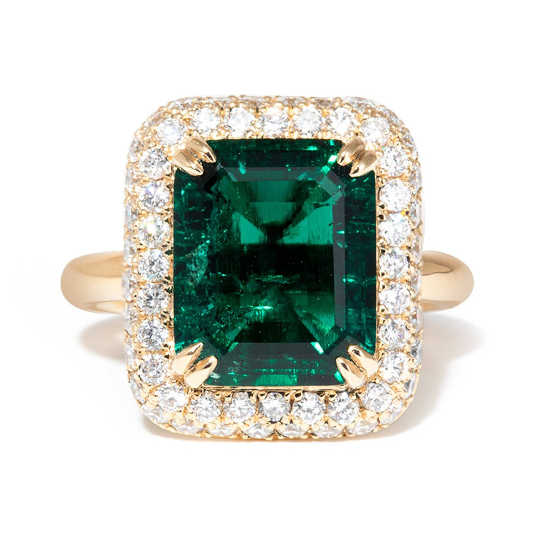 14K Yellow Gold 3.5ct Lab Zambian Emerald Double Claw Prongs Ring with Round Lab Diamond Halo - FIORESE JEWELRY