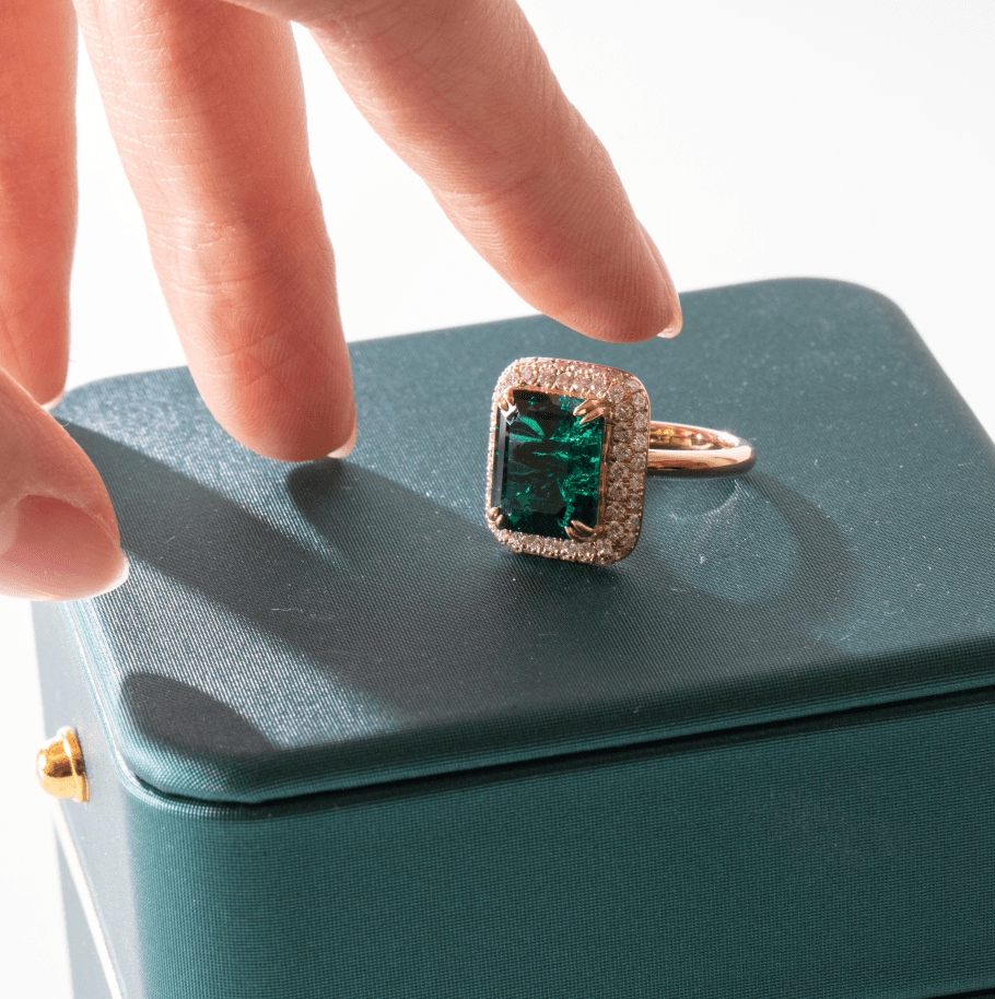 14K Yellow Gold 3.5ct Lab Zambian Emerald Double Claw Prongs Ring with Round Lab Diamond Halo - FIORESE JEWELRY