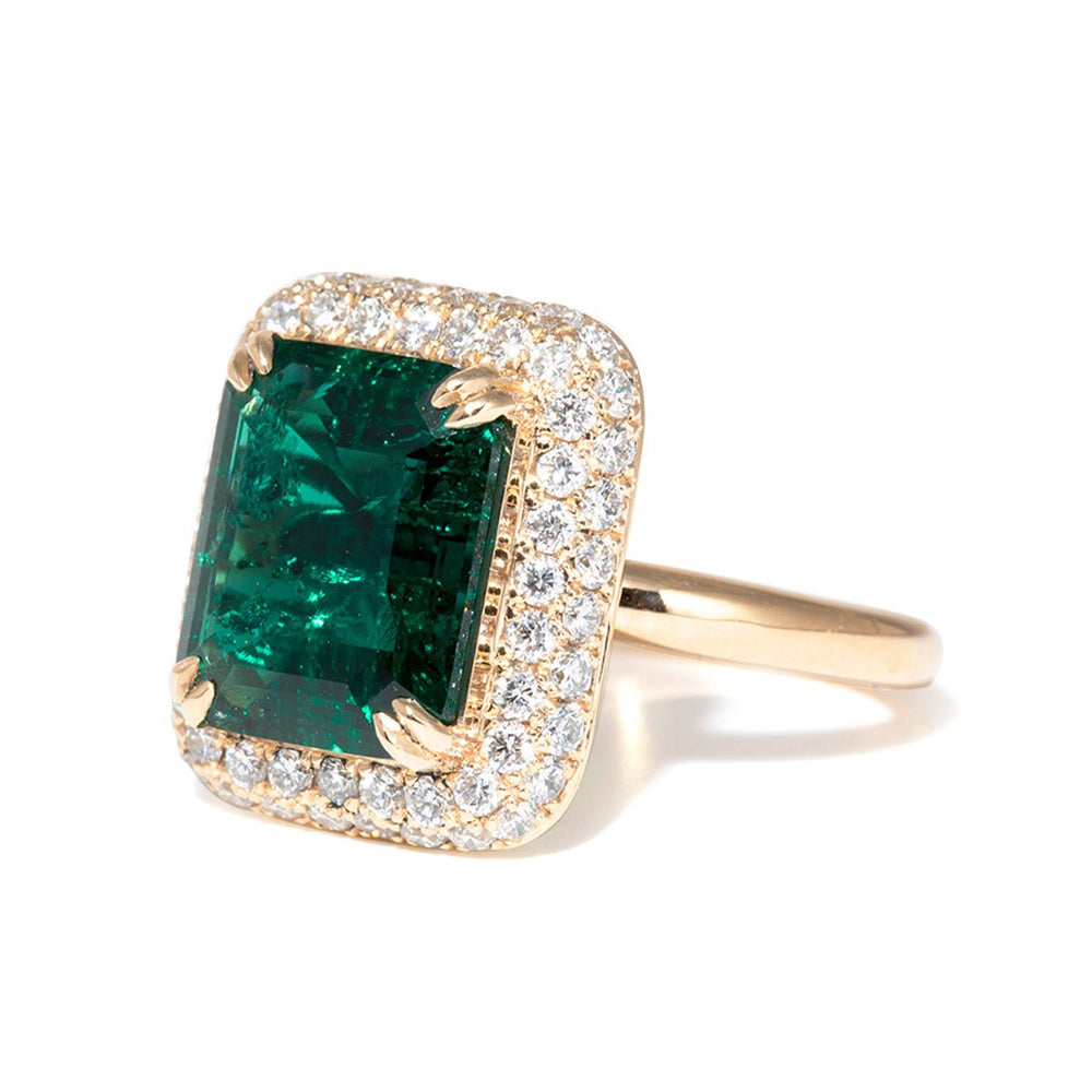 14K Yellow Gold 3.5ct Lab Zambian Emerald Double Claw Prongs Ring with Round Lab Diamond Halo - FIORESE JEWELRY