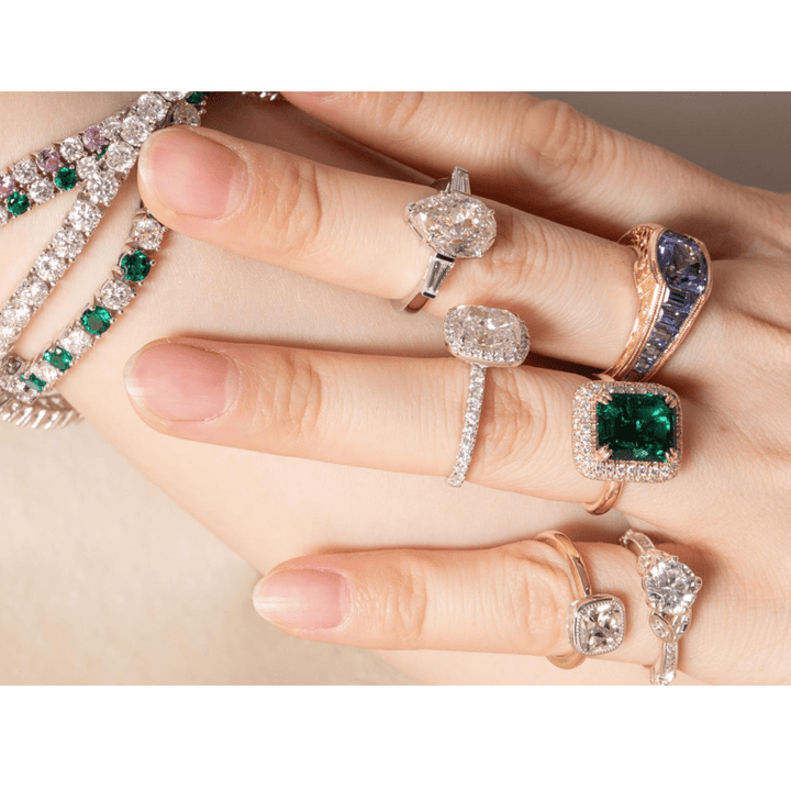 14K Yellow Gold 3.5ct Lab Zambian Emerald Double Claw Prongs Ring with Round Lab Diamond Halo - FIORESE JEWELRY