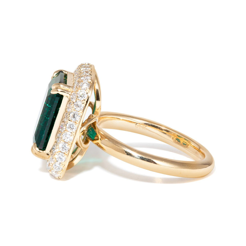 14K Yellow Gold 3.5ct Lab Zambian Emerald Double Claw Prongs Ring with Round Lab Diamond Halo - FIORESE JEWELRY