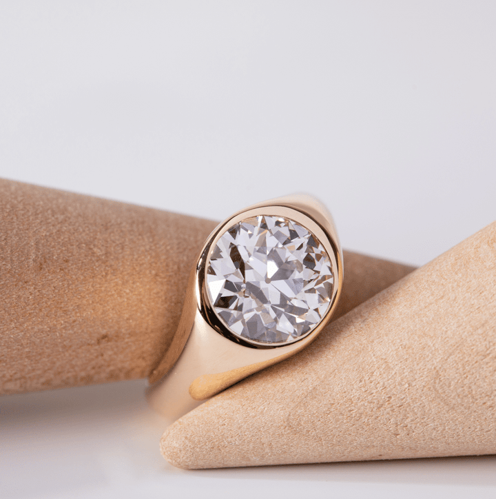 14K Yellow Gold 3.5ct Old European Cut Antique Lab Diamond Bezel Tapered Band Solitaire Ring - FIORESE JEWELRY