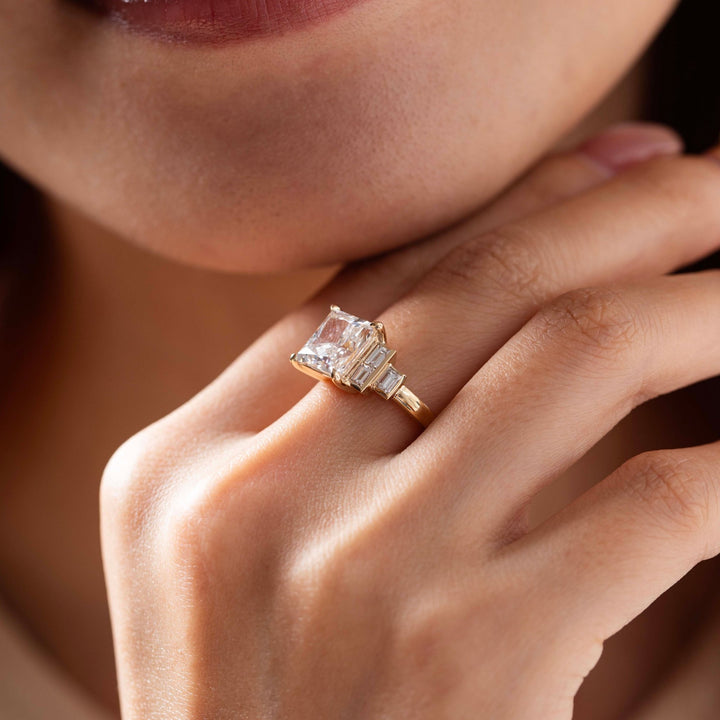 14K Yellow Gold 3.5ct Princess Cut Lab Diamond Ring with Baguette Cut Side - stones - FIORESE JEWELRY