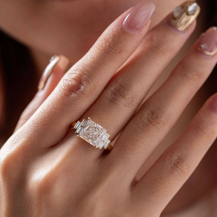 14K Yellow Gold 3.5ct Princess Cut Lab Diamond Ring with Baguette Cut Side - stones - FIORESE JEWELRY