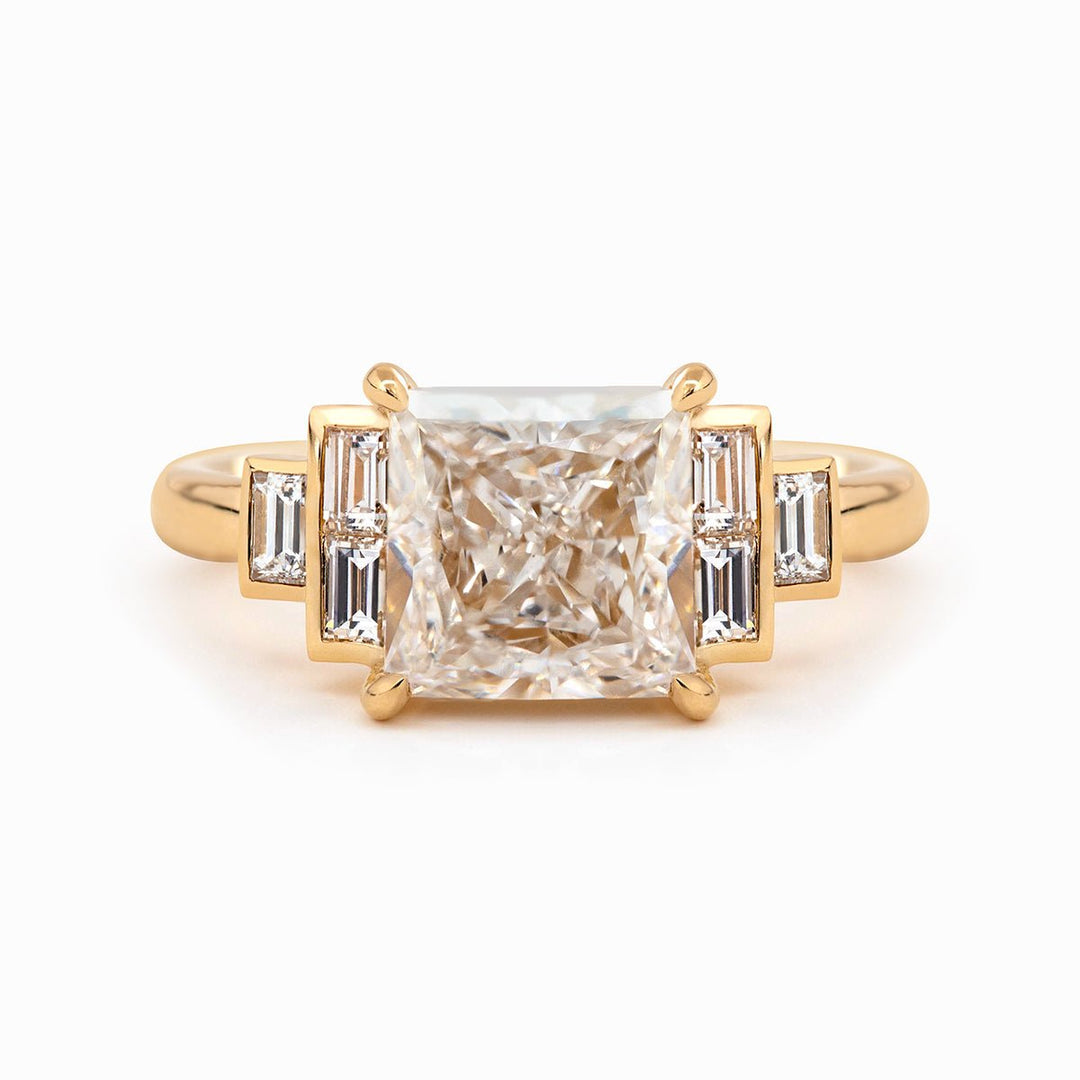 14K Yellow Gold 3.5ct Princess Cut Lab Diamond Ring with Baguette Cut Side - stones - FIORESE JEWELRY