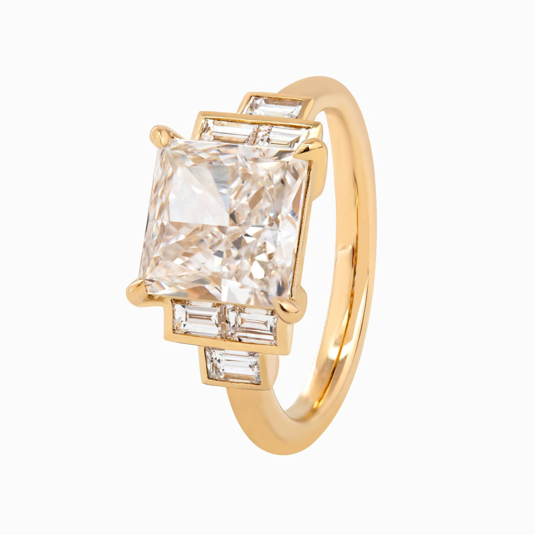 14K Yellow Gold 3.5ct Princess Cut Lab Diamond Ring with Baguette Cut Side - stones - FIORESE JEWELRY