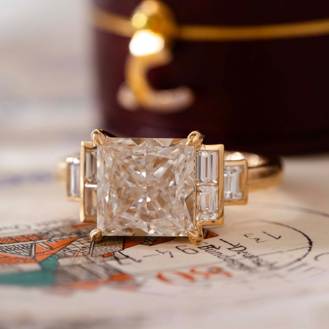 14K Yellow Gold 3.5ct Princess Cut Lab Diamond Ring with Baguette Cut Side - stones - FIORESE JEWELRY