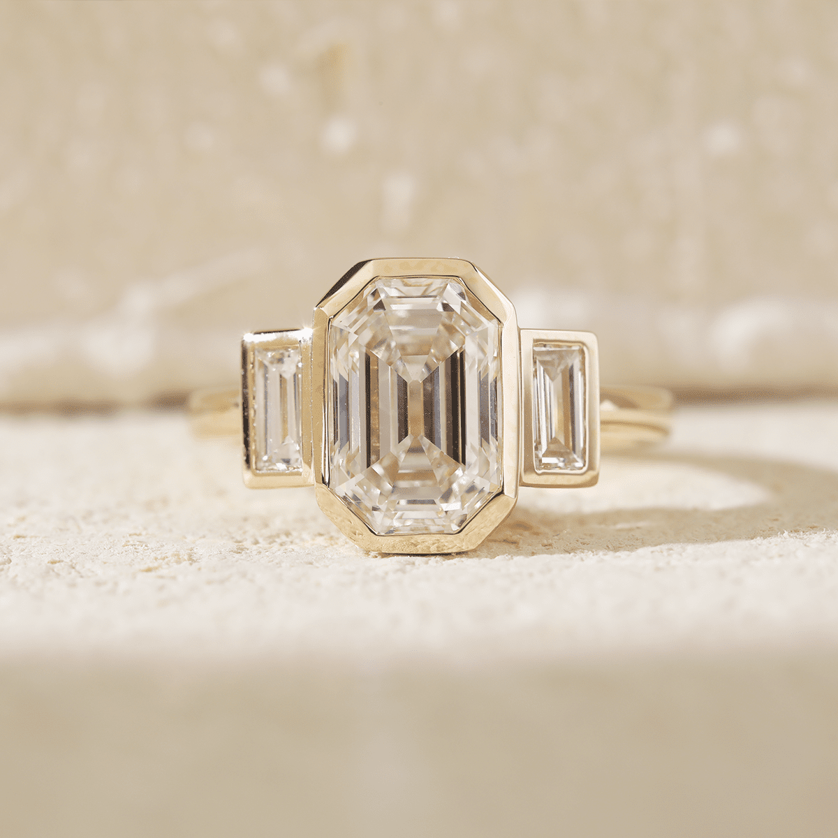 14K Yellow Gold 3ct Antique Emerald Cut Lab Diamond Bezel Three Stone Ring with Baguette Cut Lab Diamond Side-stones