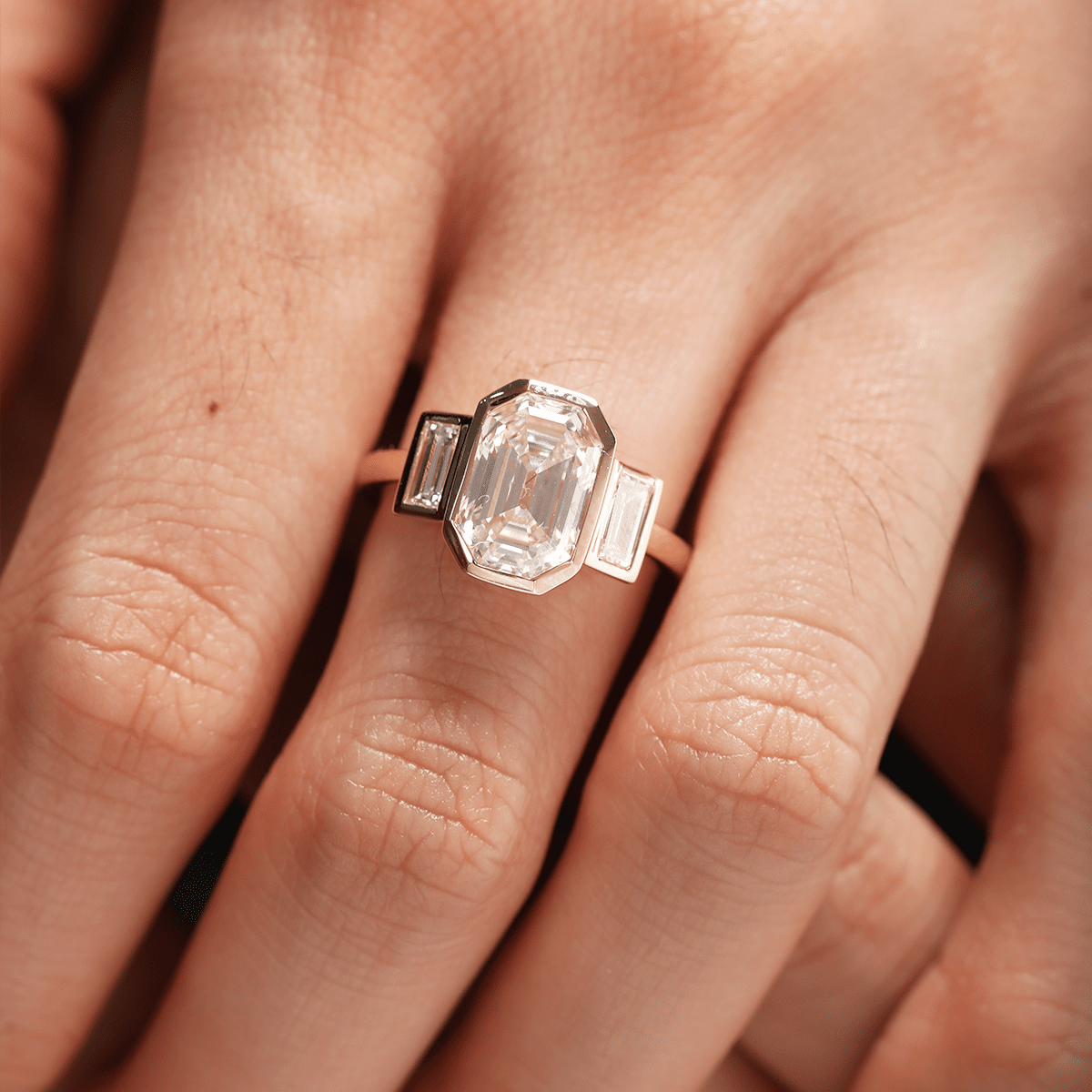 14K Yellow Gold 3ct Antique Emerald Cut Lab Diamond Bezel Three Stone Ring with Baguette Cut Lab Diamond Side-stones