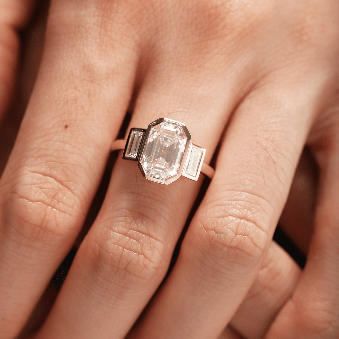 14K Yellow Gold 3ct Antique Emerald Cut Lab Diamond Bezel Three Stone Ring with Baguette Cut Lab Diamond Side - stones - FIORESE JEWELRY