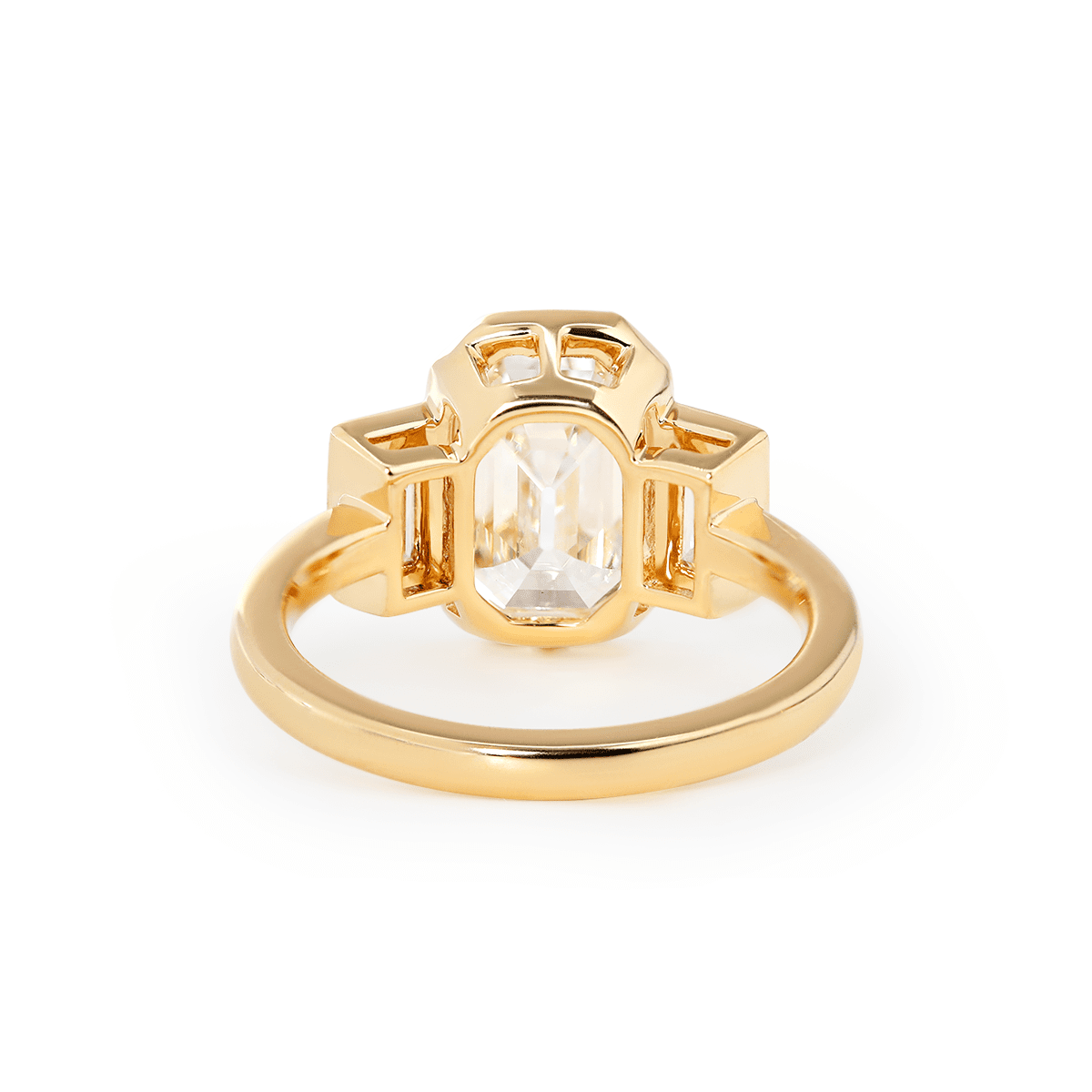 14K Yellow Gold 3ct Antique Emerald Cut Lab Diamond Bezel Three Stone Ring with Baguette Cut Lab Diamond Side-stones