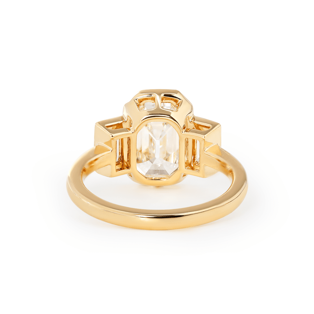 14K Yellow Gold 3ct Antique Emerald Cut Lab Diamond Bezel Three Stone Ring with Baguette Cut Lab Diamond Side - stones - FIORESE JEWELRY