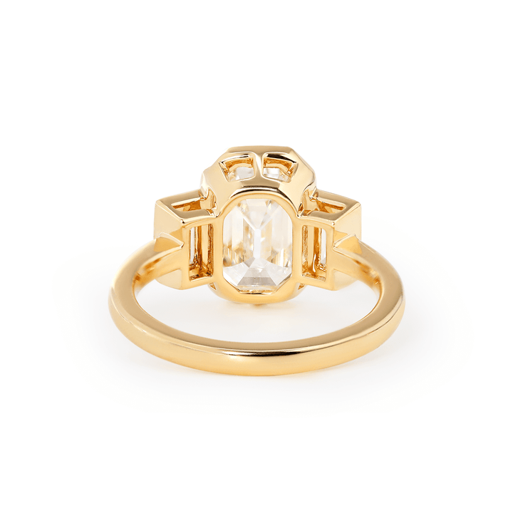 14K Yellow Gold 3ct Antique Emerald Cut Lab Diamond Bezel Three Stone Ring with Baguette Cut Lab Diamond Side - stones - FIORESE JEWELRY