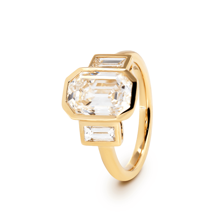 14K Yellow Gold 3ct Antique Emerald Cut Lab Diamond Bezel Three Stone Ring with Baguette Cut Lab Diamond Side - stones - FIORESE JEWELRY