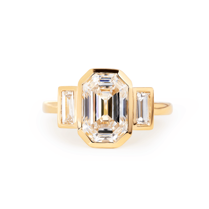 14K Yellow Gold 3ct Antique Emerald Cut Lab Diamond Bezel Three Stone Ring with Baguette Cut Lab Diamond Side - stones - FIORESE JEWELRY
