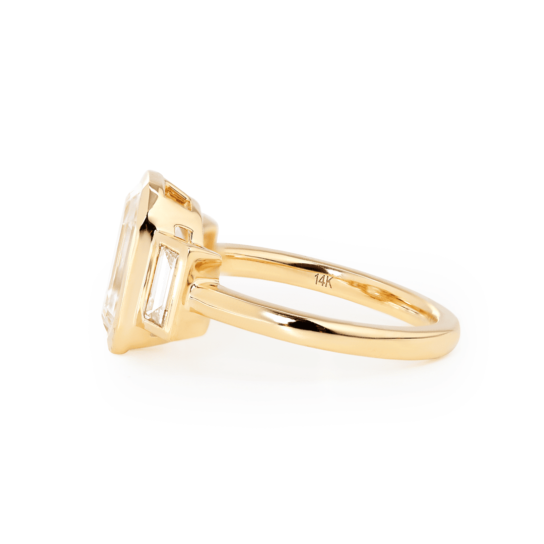 14K Yellow Gold 3ct Antique Emerald Cut Lab Diamond Bezel Three Stone Ring with Baguette Cut Lab Diamond Side - stones - FIORESE JEWELRY