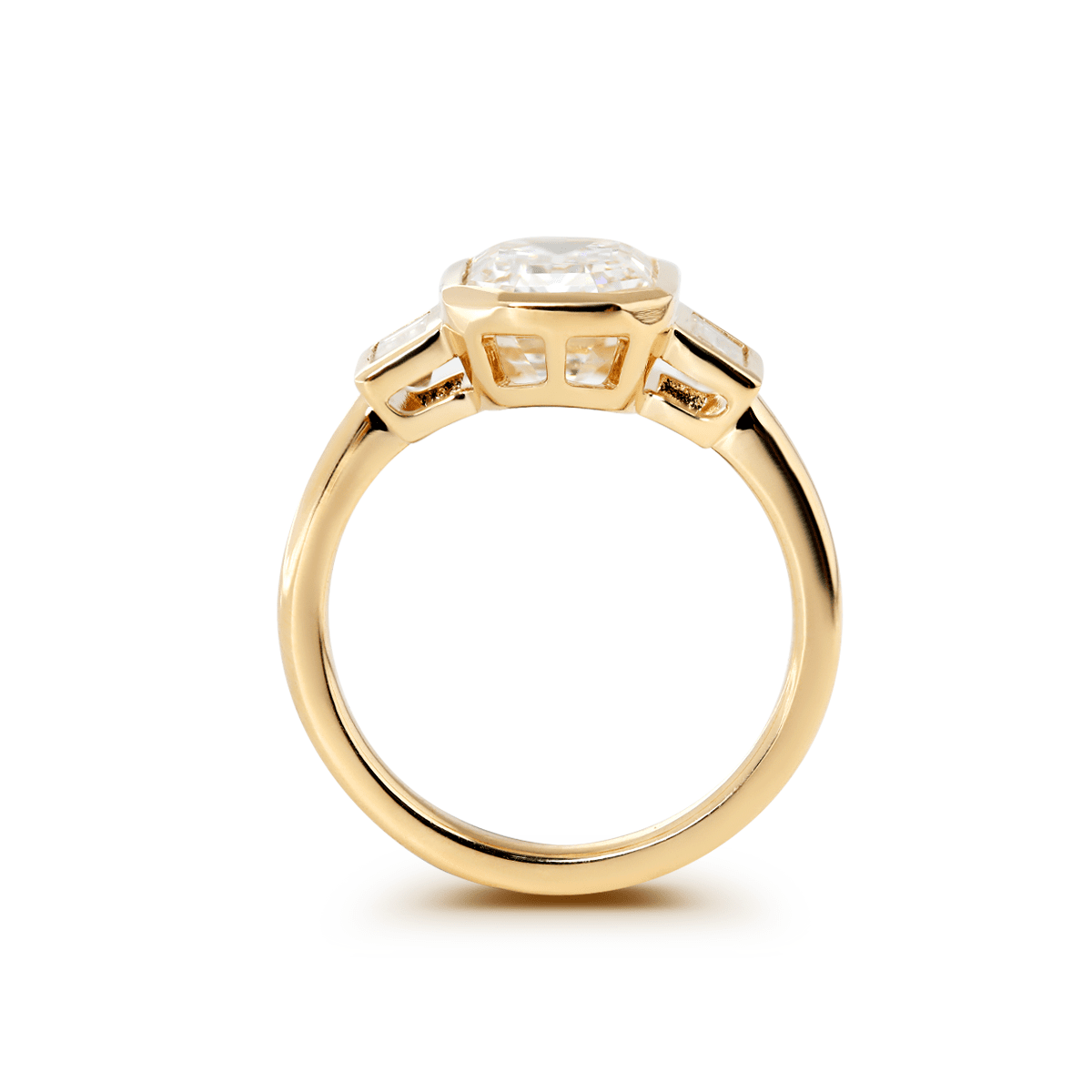 14K Yellow Gold 3ct Antique Emerald Cut Lab Diamond Bezel Three Stone Ring with Baguette Cut Lab Diamond Side-stones