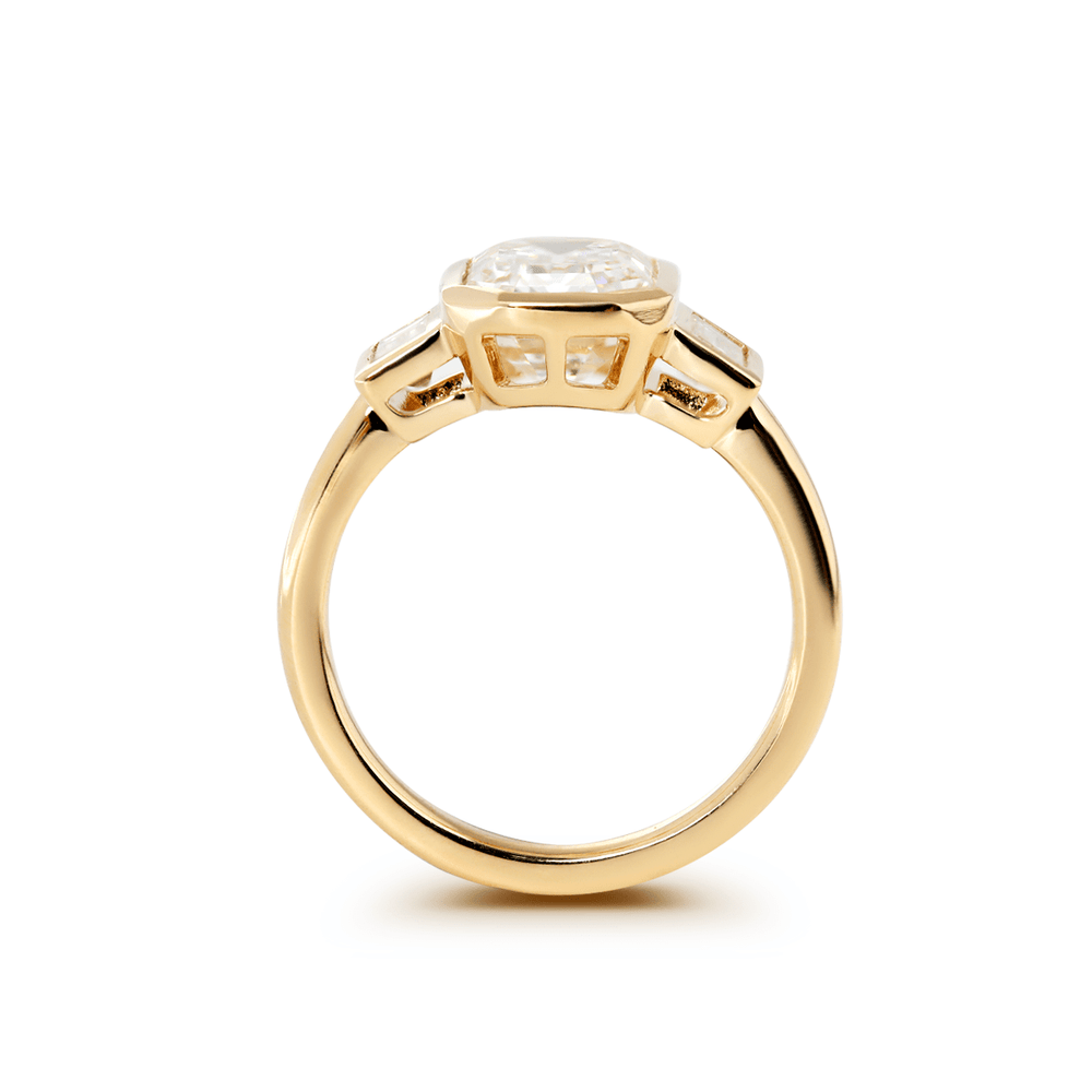 14K Yellow Gold 3ct Antique Emerald Cut Lab Diamond Bezel Three Stone Ring with Baguette Cut Lab Diamond Side - stones - FIORESE JEWELRY