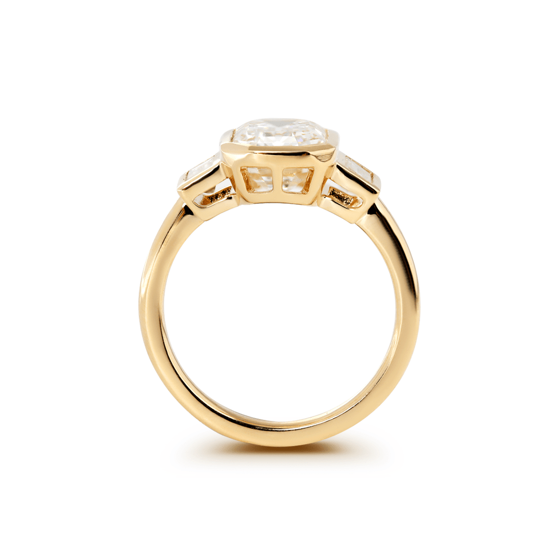 14K Yellow Gold 3ct Antique Emerald Cut Lab Diamond Bezel Three Stone Ring with Baguette Cut Lab Diamond Side - stones - FIORESE JEWELRY