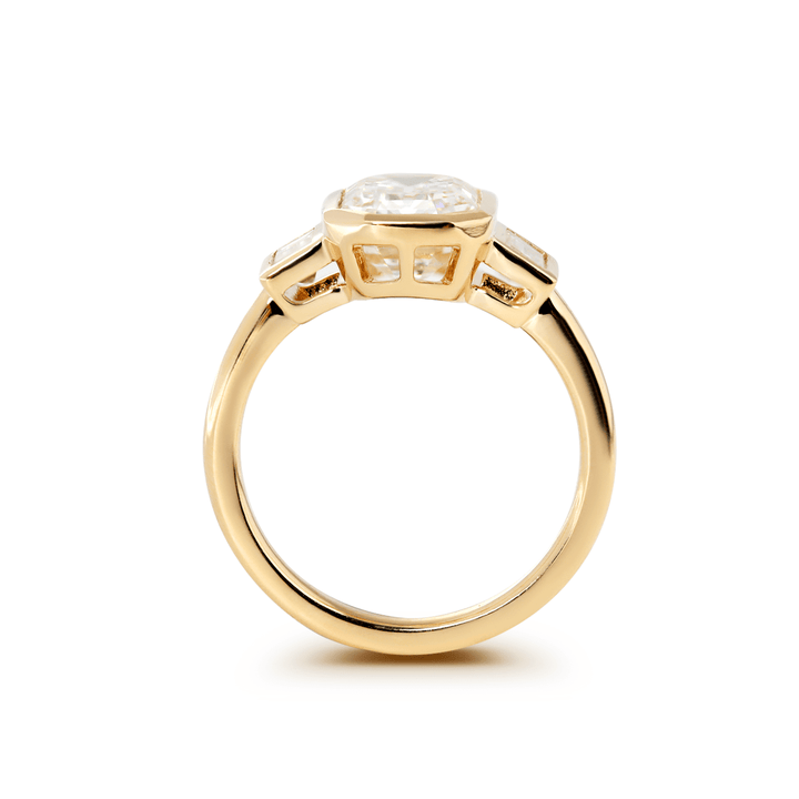 14K Yellow Gold 3ct Antique Emerald Cut Lab Diamond Bezel Three Stone Ring with Baguette Cut Lab Diamond Side - stones - FIORESE JEWELRY
