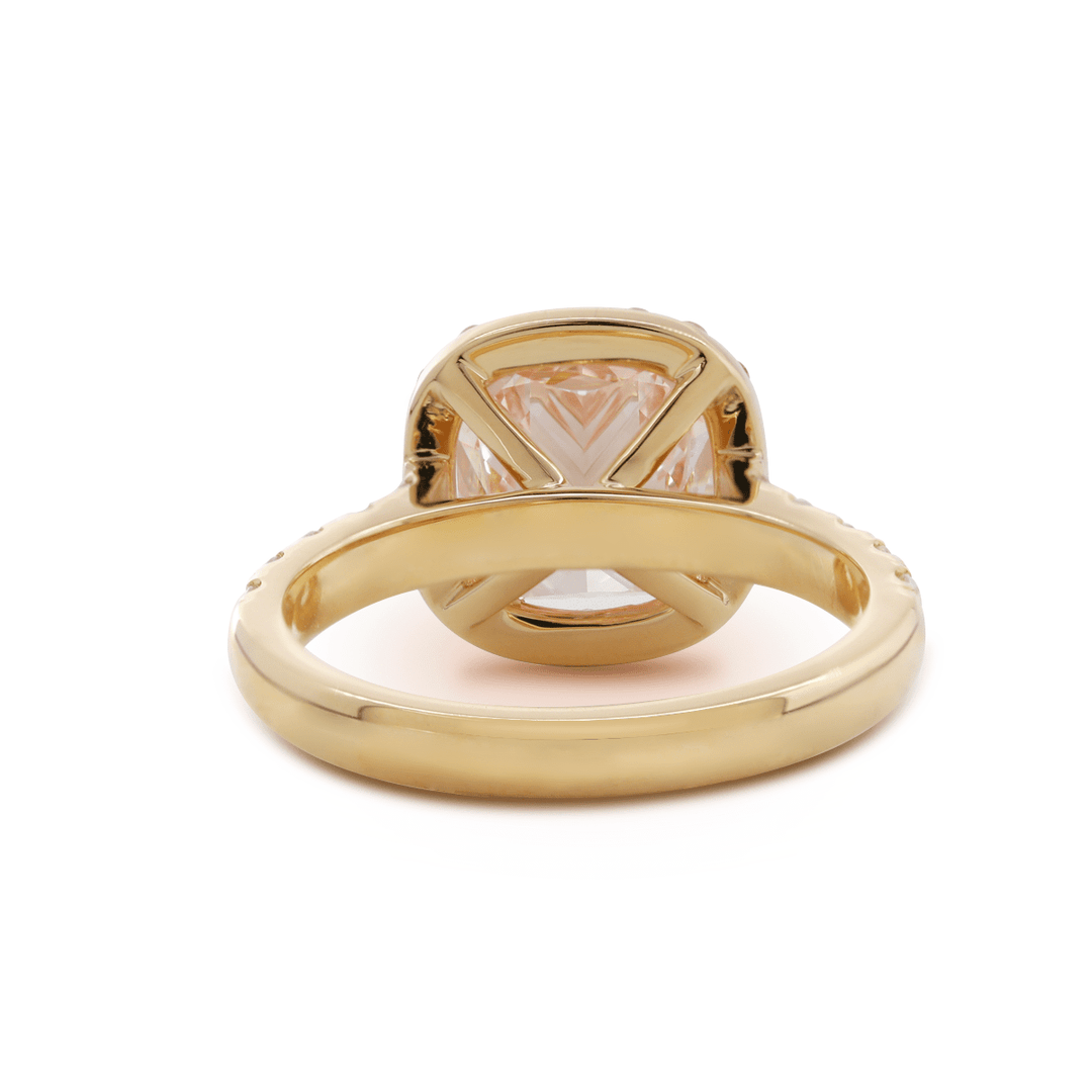 14K Yellow Gold 3ct Cushion Cut Pink Lab Diamond Ring with Round Lab Diamond Halo and U - shape Pave - FIORESE JEWELRY