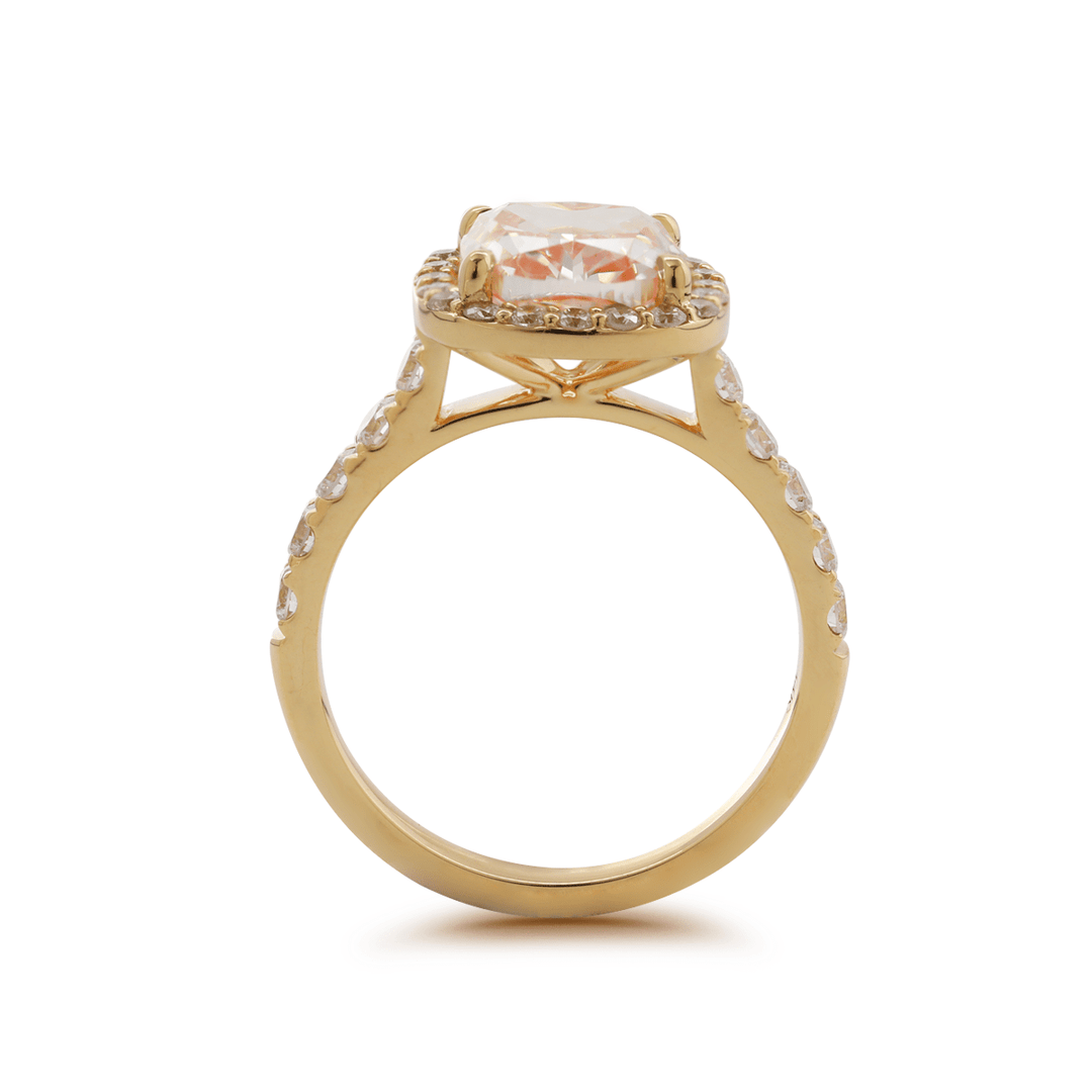 14K Yellow Gold 3ct Cushion Cut Pink Lab Diamond Ring with Round Lab Diamond Halo and U - shape Pave - FIORESE JEWELRY
