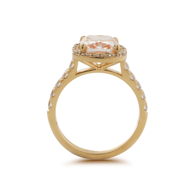 14K Yellow Gold 3ct Cushion Cut Pink Lab Diamond Ring with Round Lab Diamond Halo and U - shape Pave - FIORESE JEWELRY