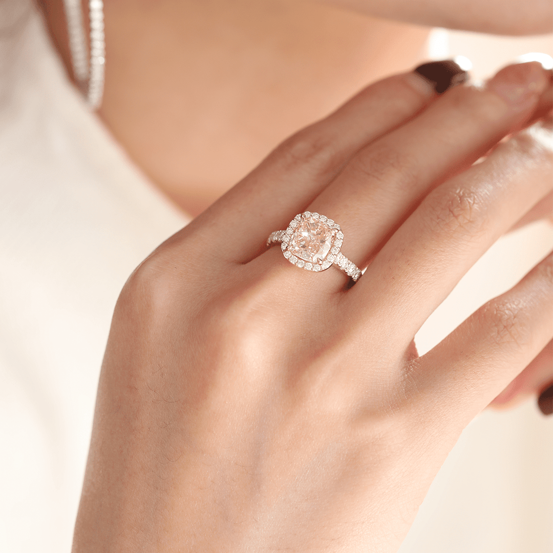 14K Yellow Gold 3ct Cushion Cut Pink Lab Diamond Ring with Round Lab Diamond Halo and U - shape Pave - FIORESE JEWELRY