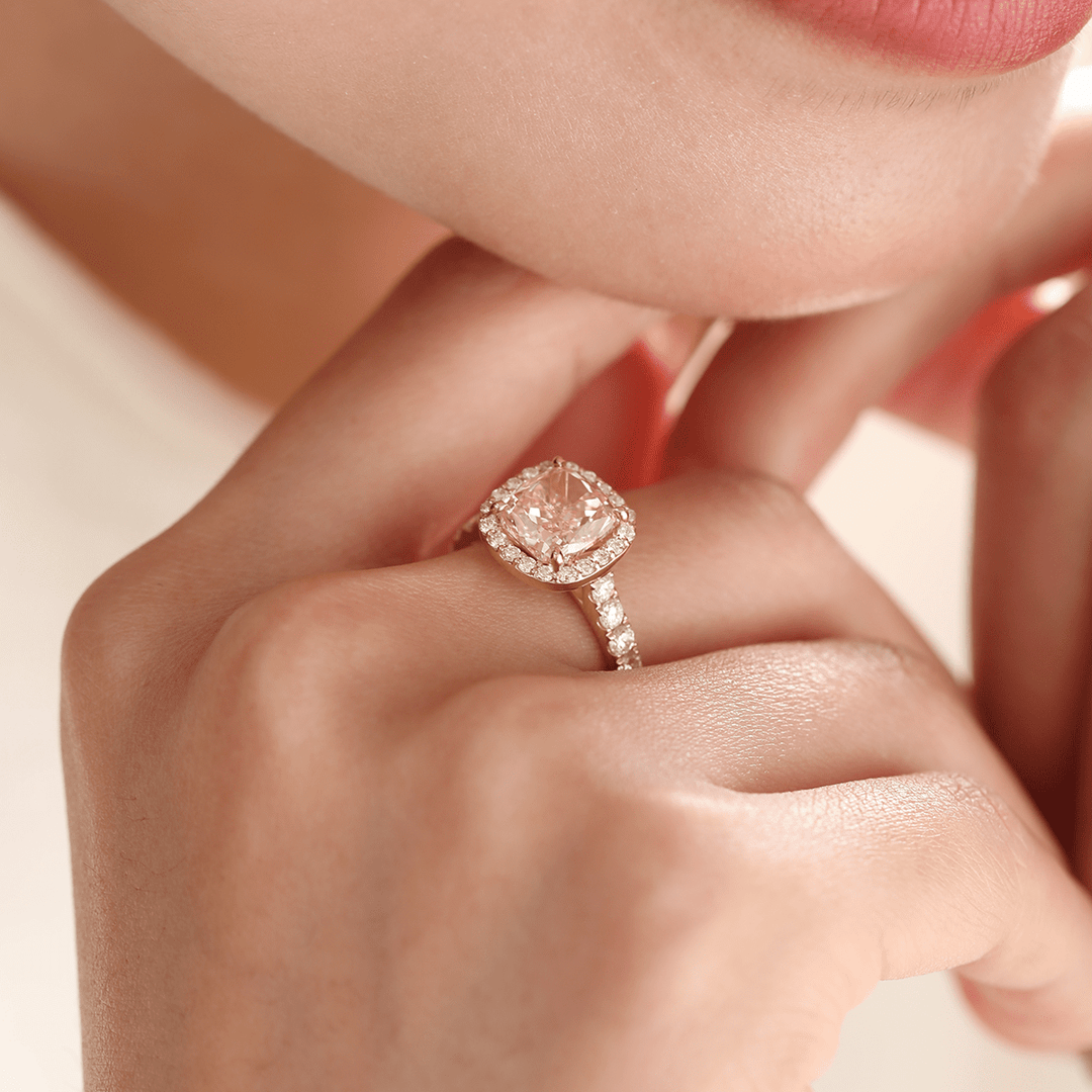 14K Yellow Gold 3ct Cushion Cut Pink Lab Diamond Ring with Round Lab Diamond Halo and U - shape Pave - FIORESE JEWELRY