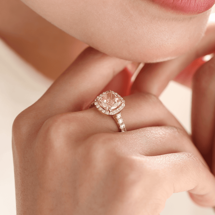 14K Yellow Gold 3ct Cushion Cut Pink Lab Diamond Ring with Round Lab Diamond Halo and U - shape Pave - FIORESE JEWELRY