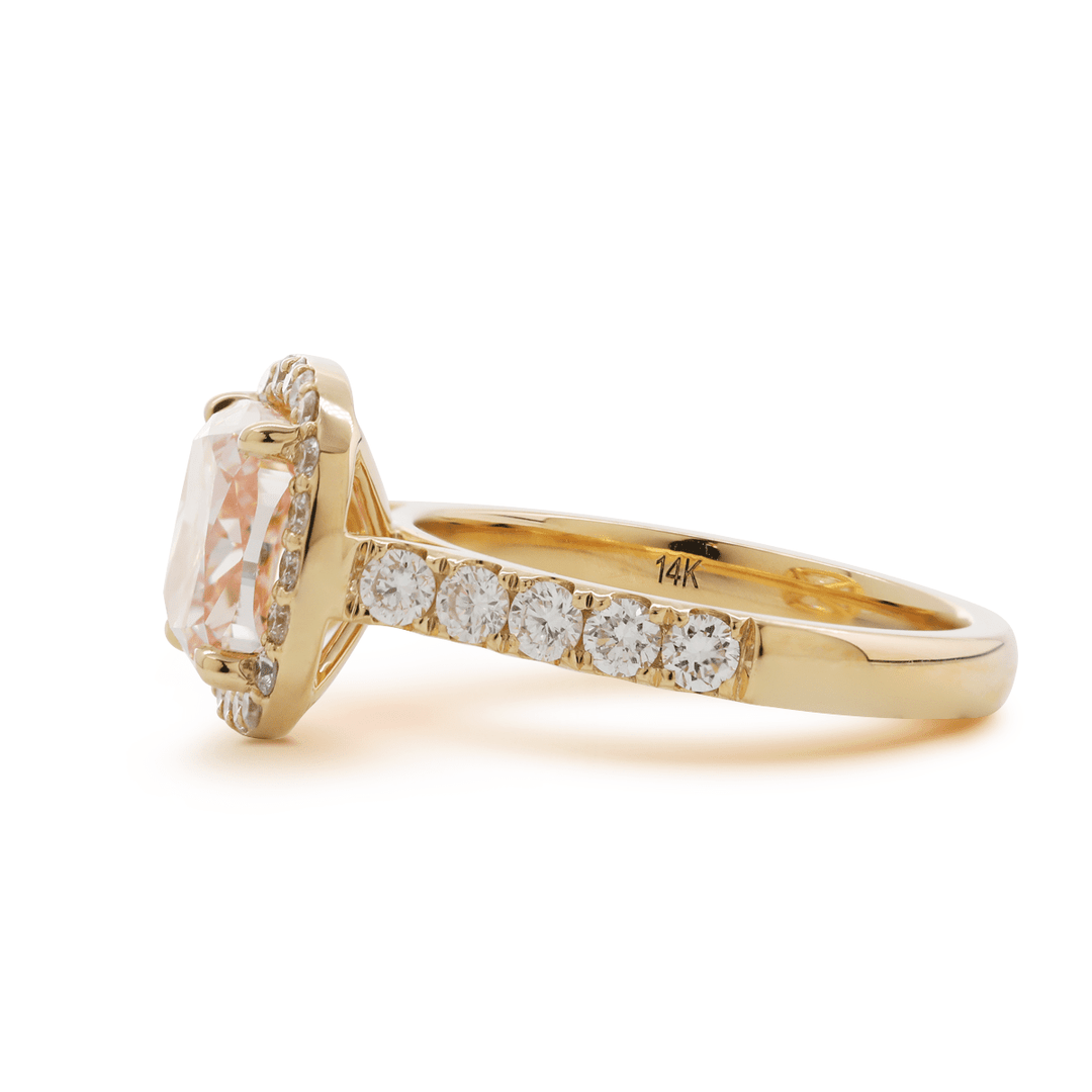 14K Yellow Gold 3ct Cushion Cut Pink Lab Diamond Ring with Round Lab Diamond Halo and U - shape Pave - FIORESE JEWELRY