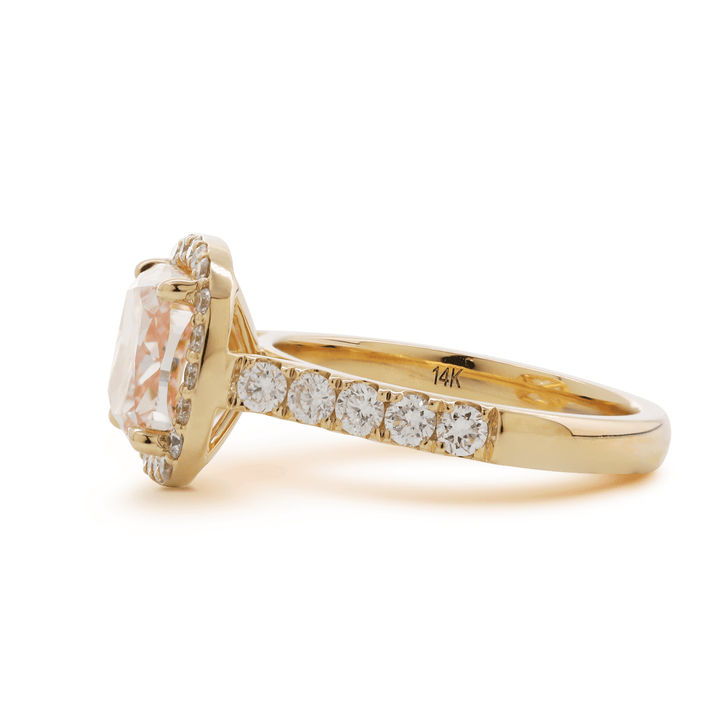 14K Yellow Gold 3ct Cushion Cut Pink Lab Diamond Ring with Round Lab Diamond Halo and U - shape Pave - FIORESE JEWELRY