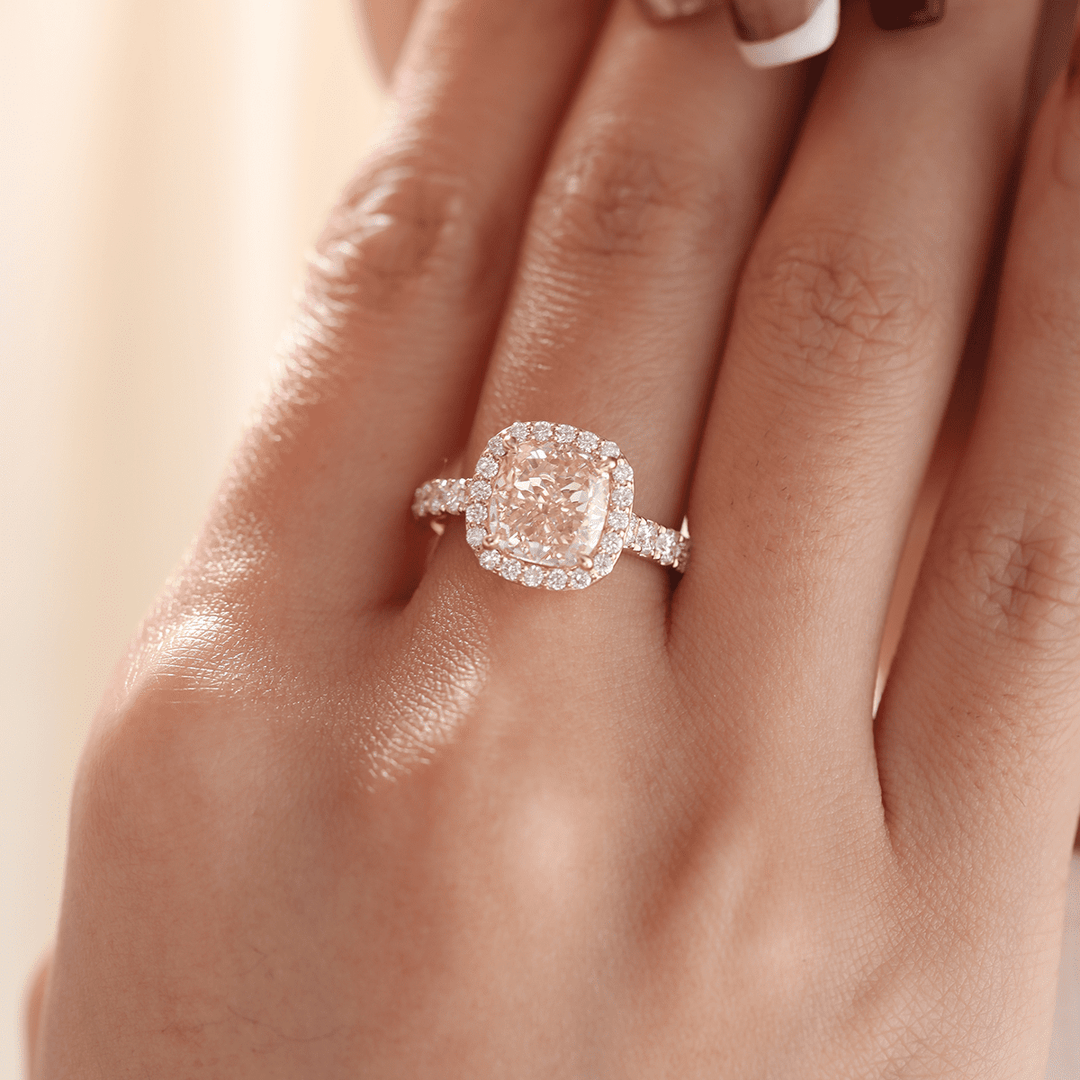14K Yellow Gold 3ct Cushion Cut Pink Lab Diamond Ring with Round Lab Diamond Halo and U - shape Pave - FIORESE JEWELRY
